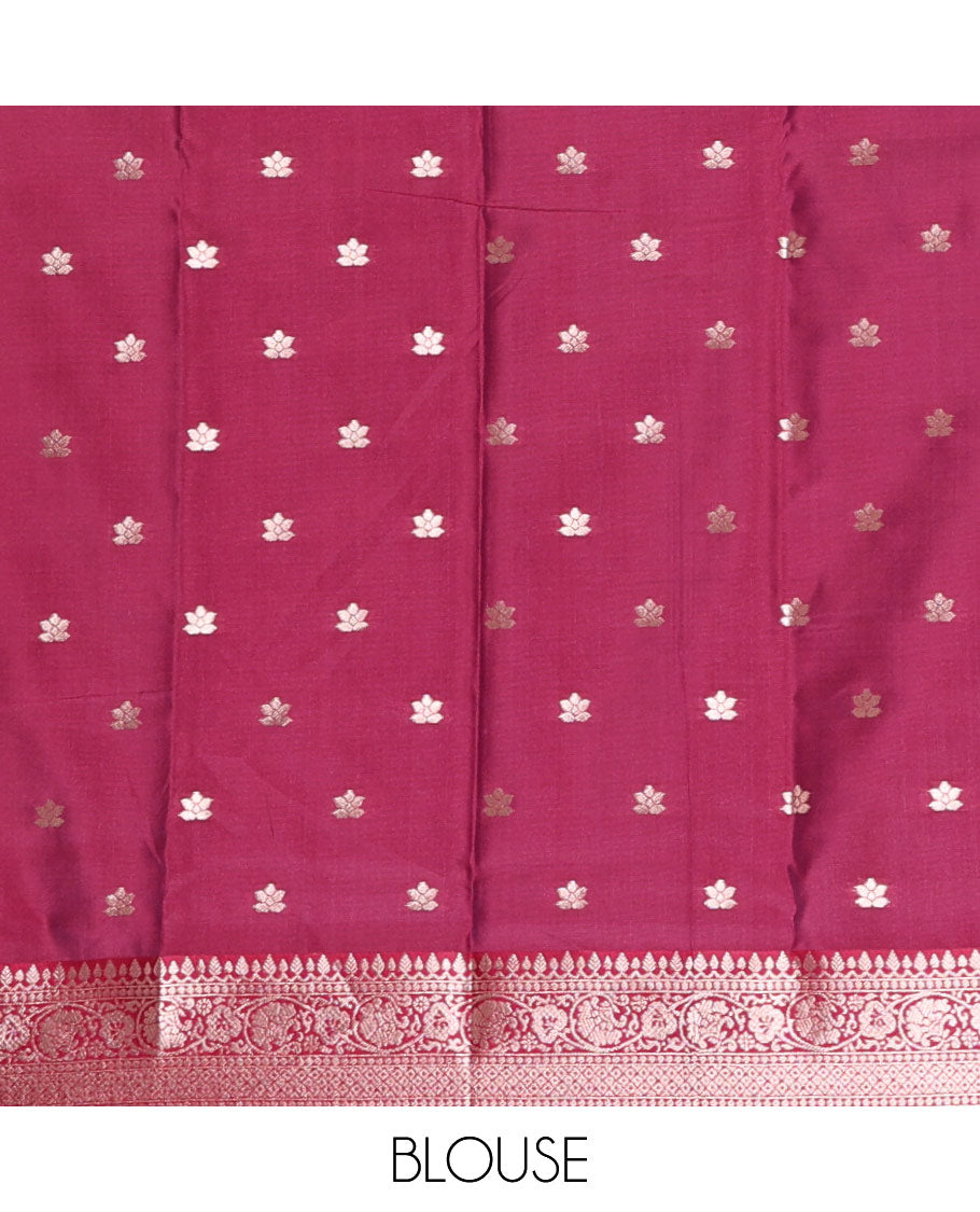 Borderless green floral motifs steeped elite soft silk saree, contrast lotus-like motifs pallu, and contrast buttas blouse