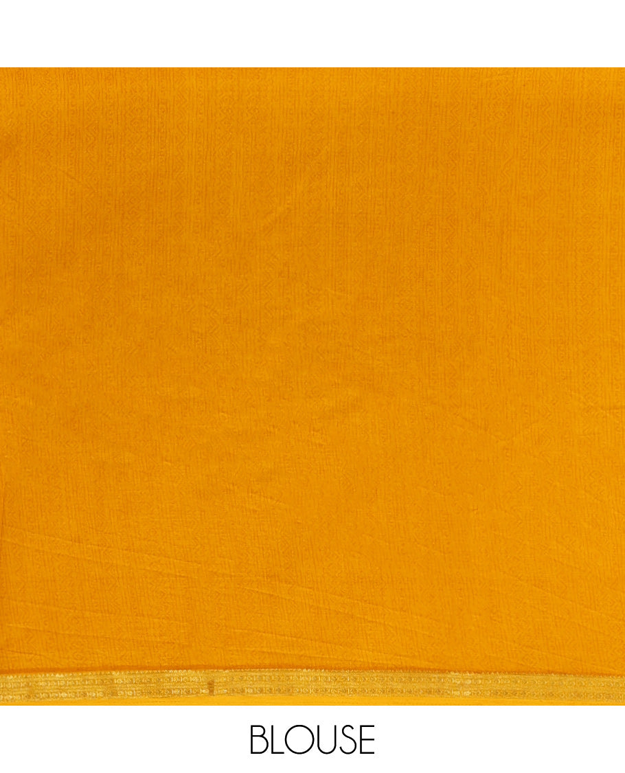 Yellow Printed Silk Saree, Adorned with Floral Vine Print, a Traditional Zari Border, Floral Pallu, and a Matching Blouse