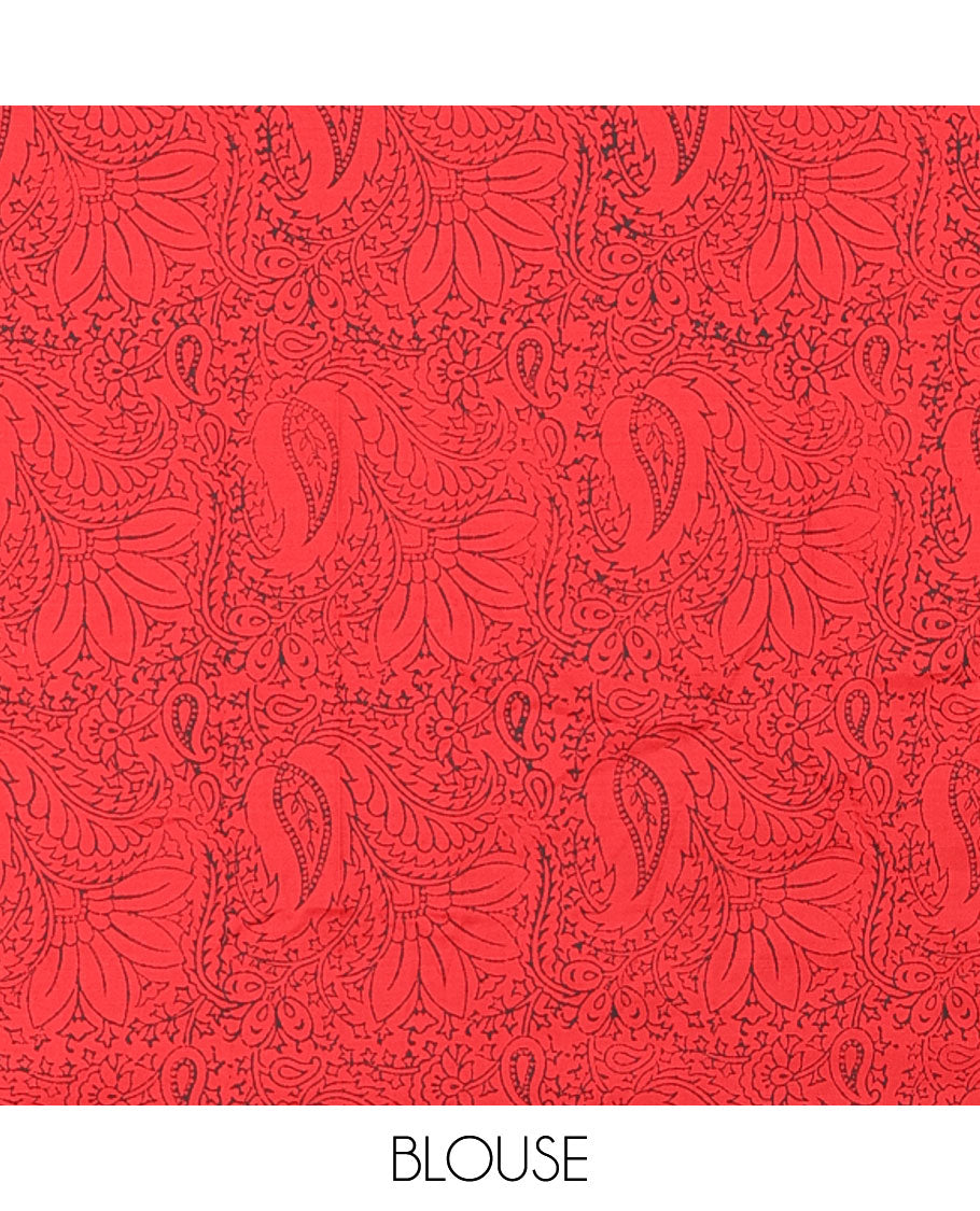 Borderless black rangoli-style chakram motifs printed South cotton saree with a matching blouse, and a contrast floral printed blouse