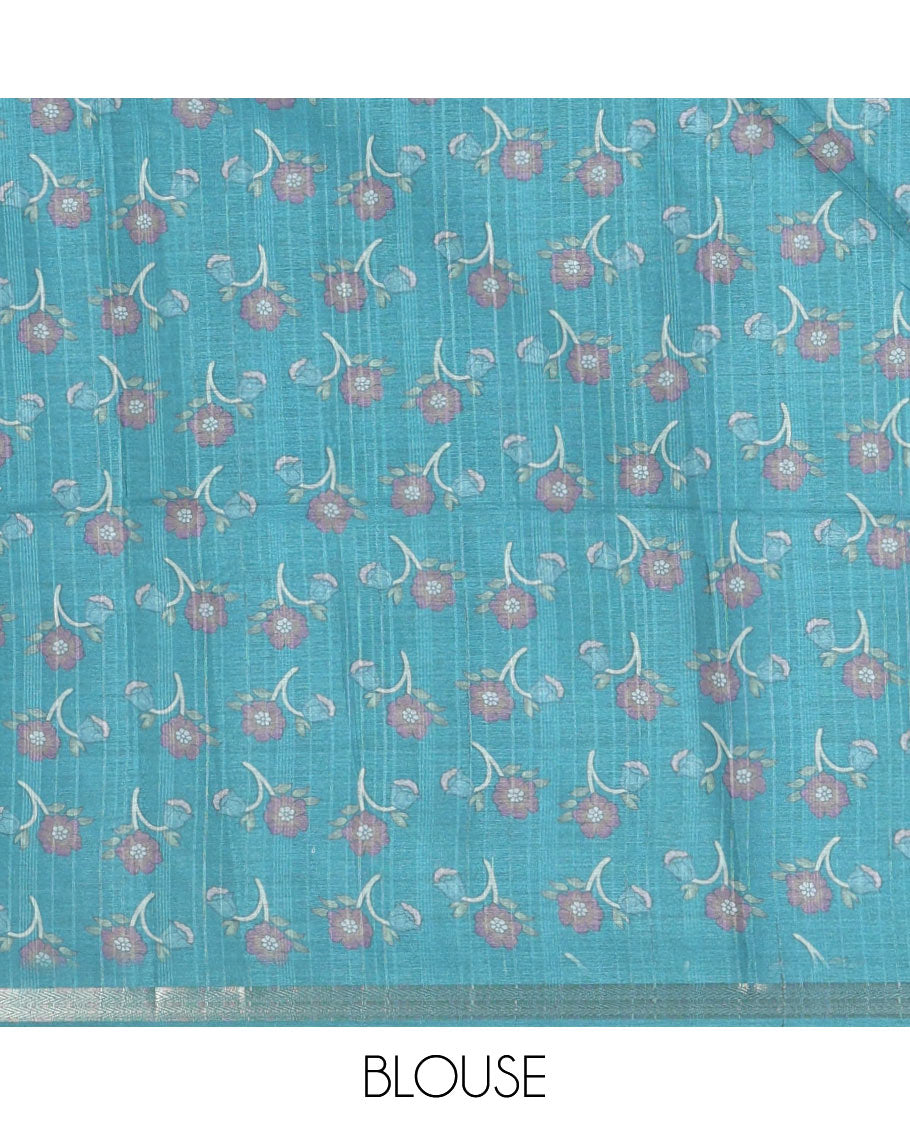 Orange shibori printed katan silk saree, contrast border, and pallu of kalamkari floral vine and peacock print, and a contrast leaf printed blouse