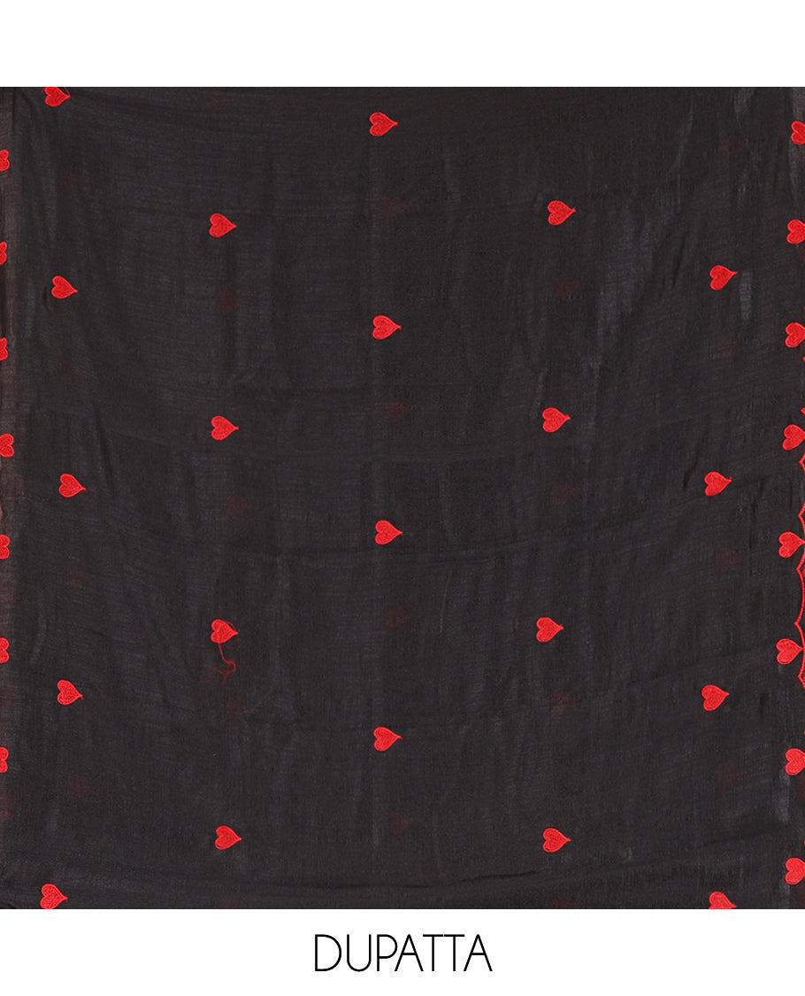 Black Semi-Silk Material Chudidar, Heart Embroidered Top, Plain Bottom, Heart Embroidered Dupatta