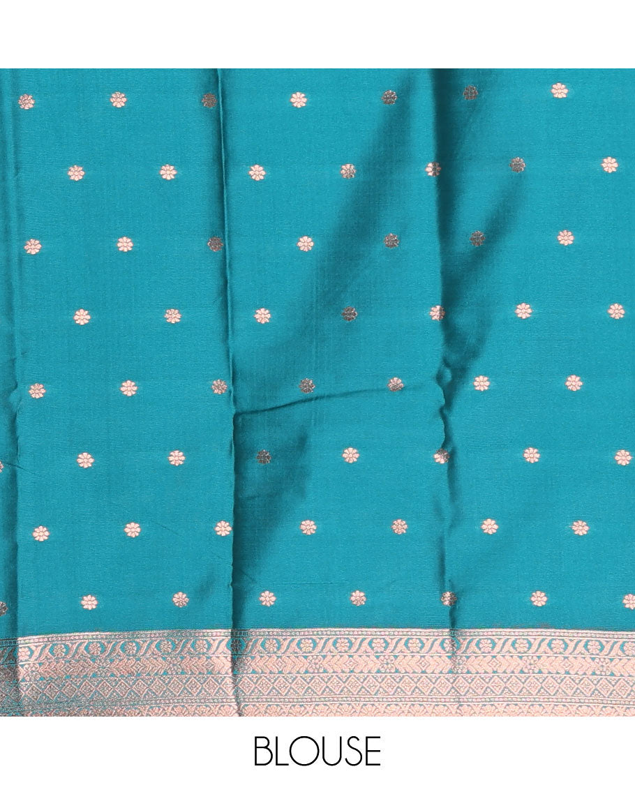 Borderless purple stripes and zari floral buttas elite soft silk saree, contrast ogee patterned zari pallu, and contrast zari design blouse