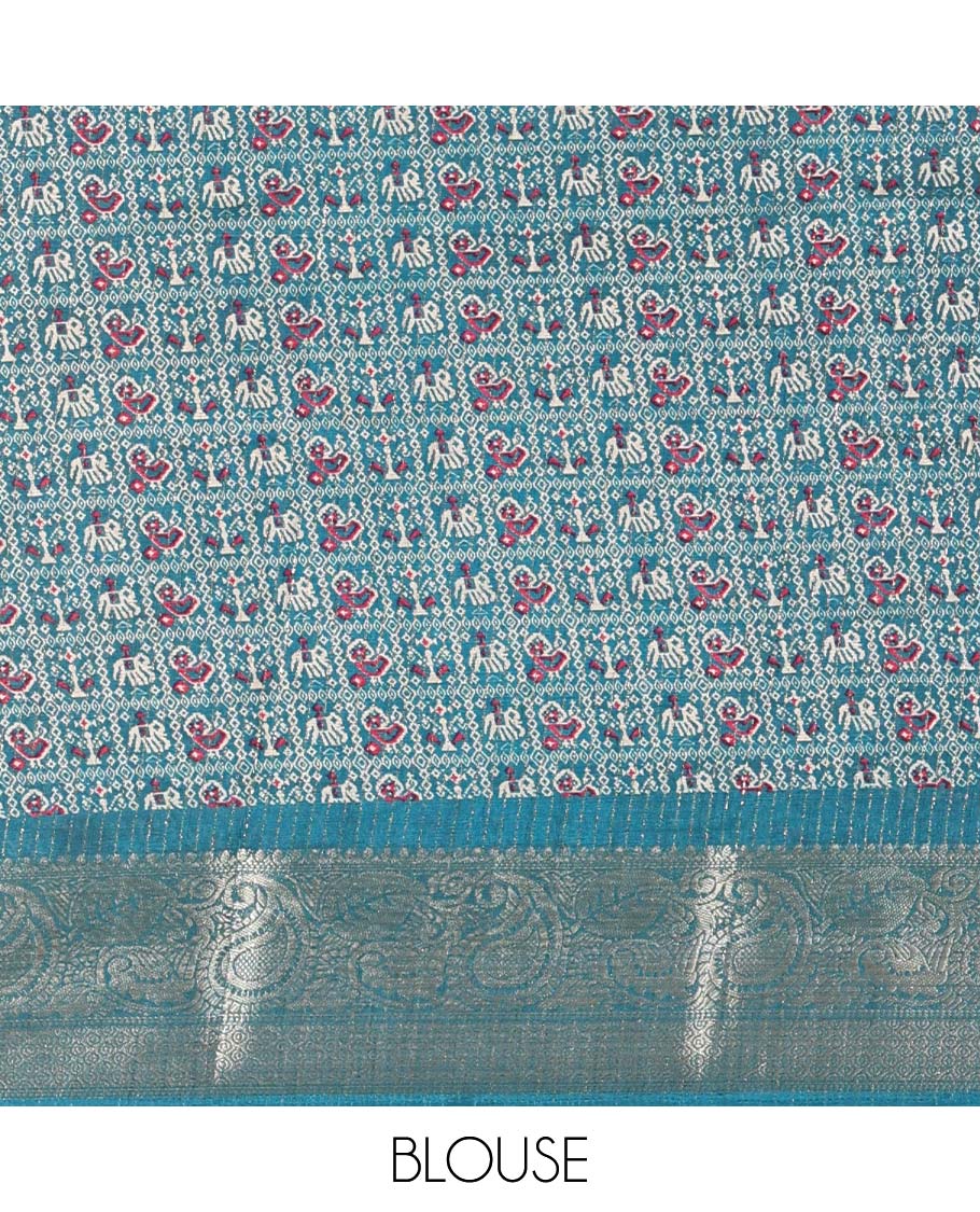 Chikku-rama green vertical striped, and animal motifs printed dola silk saree, contrast manga motifs zari border, animal motifs printed pallu, and a contrast printed blouse