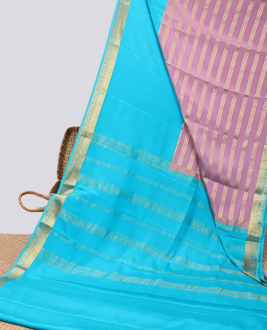 Multi colored striped mysore silk saree with contrast zari border & striped zari pallu