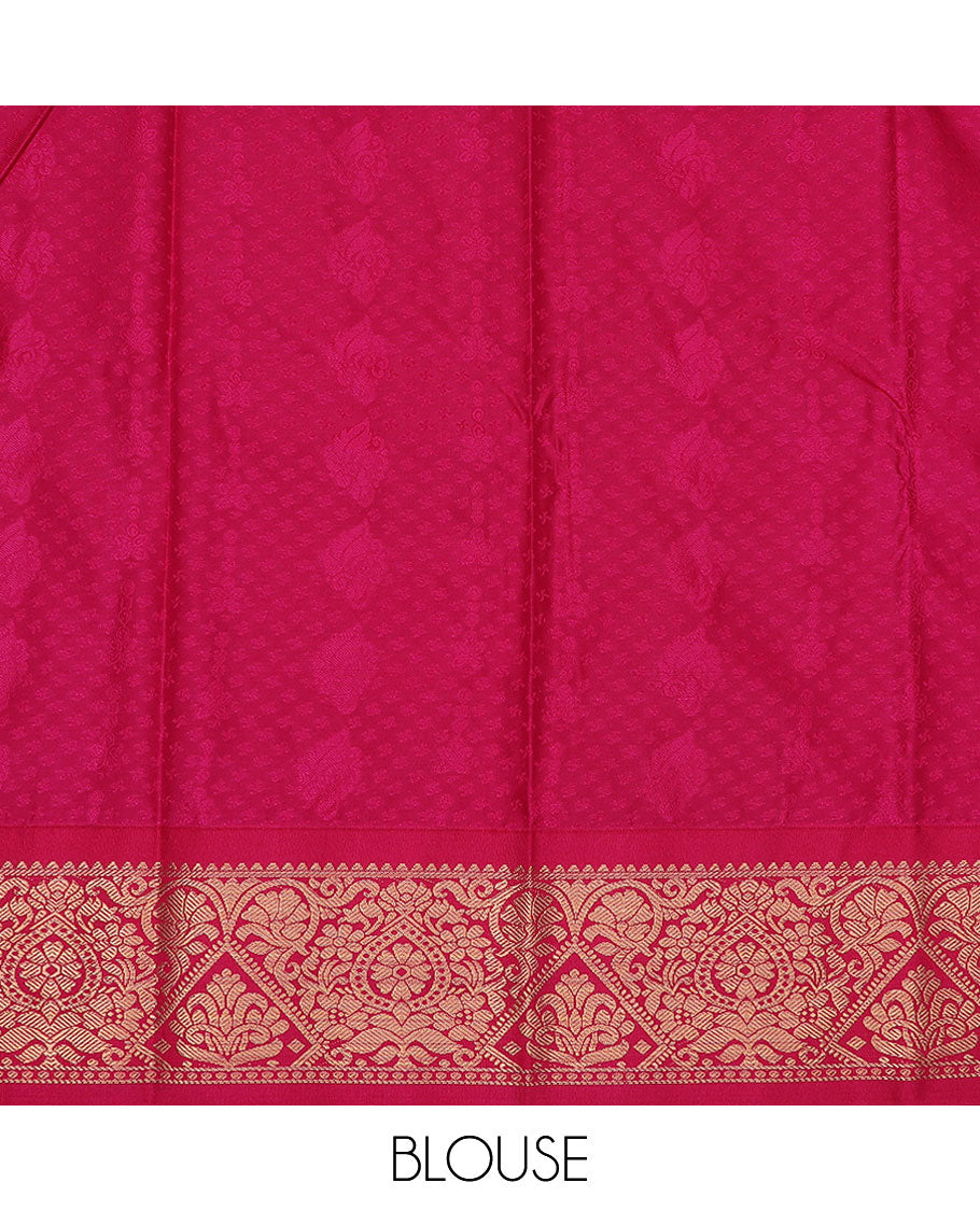 Bottle green art silk pavadai material set, zari design pavadai, contrast blouse & traditional zari border