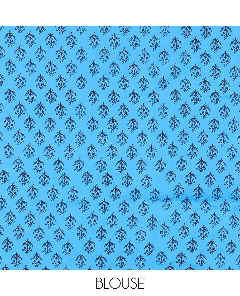 Black cycle with flower basket motifs block printed South cotton saree, Greek key motifs block printed border, a matching blouse, and a contrast floral motifs printed blouse