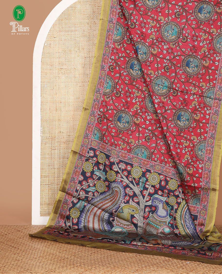 Cherry red kalamkari flora-fauna printed kadhi linen saree,contrast zari piping & floral print border,kalamkari peacock pallu & printed blouse