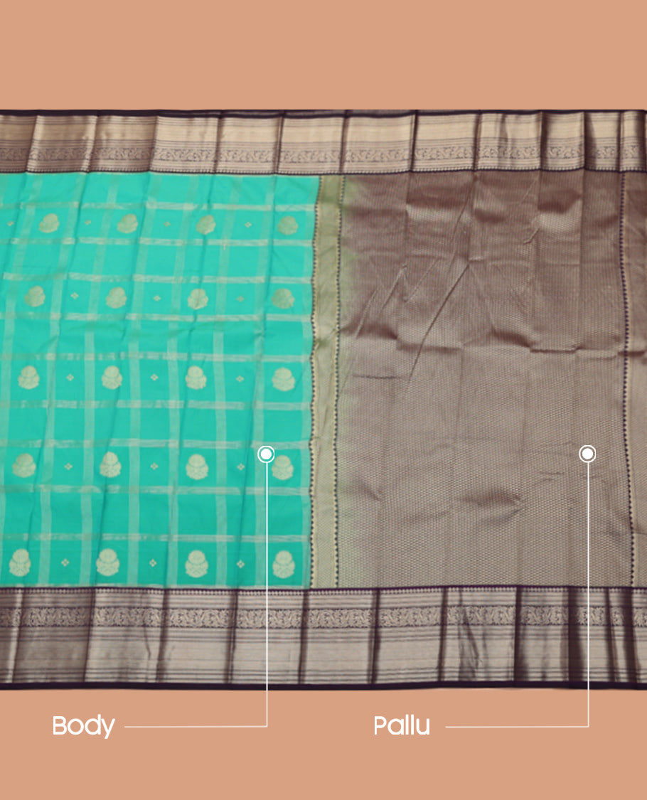 Green Budget Silk Saree, Mesmerized with Zari Butta Enclosed Checks, Complemented by a Contrast Traditional Zari Border, Grand Pallu, and a Contrast Blouse