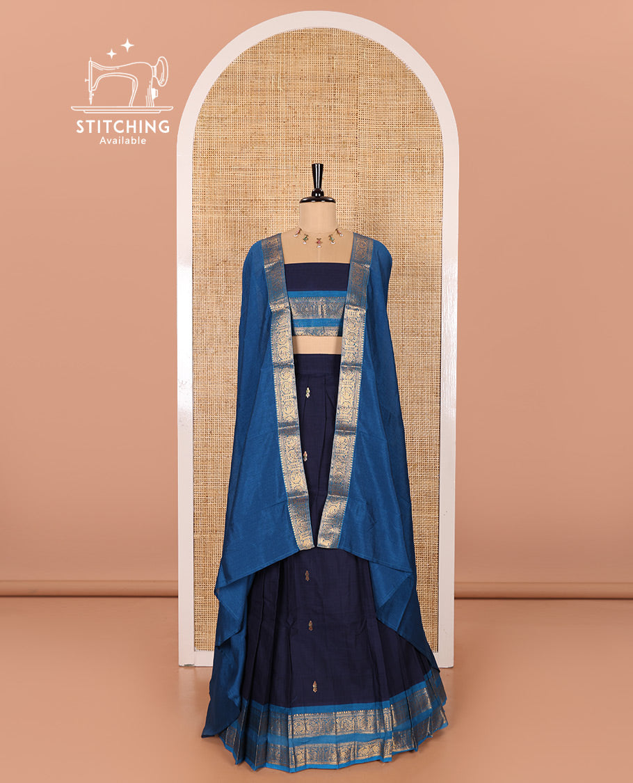 Navy Blue and Ananda Blue Chettinad Cotton Half-Saree Featuring Buttas Woven Skirt, Highlighted with a Contrast Rettai Pettu Peacock Motifs Woven Zari Border, a Subtly Woven Matching Blouse, and a Vichitra Silk Contrast Traditional Zari-Bordered Dhavani