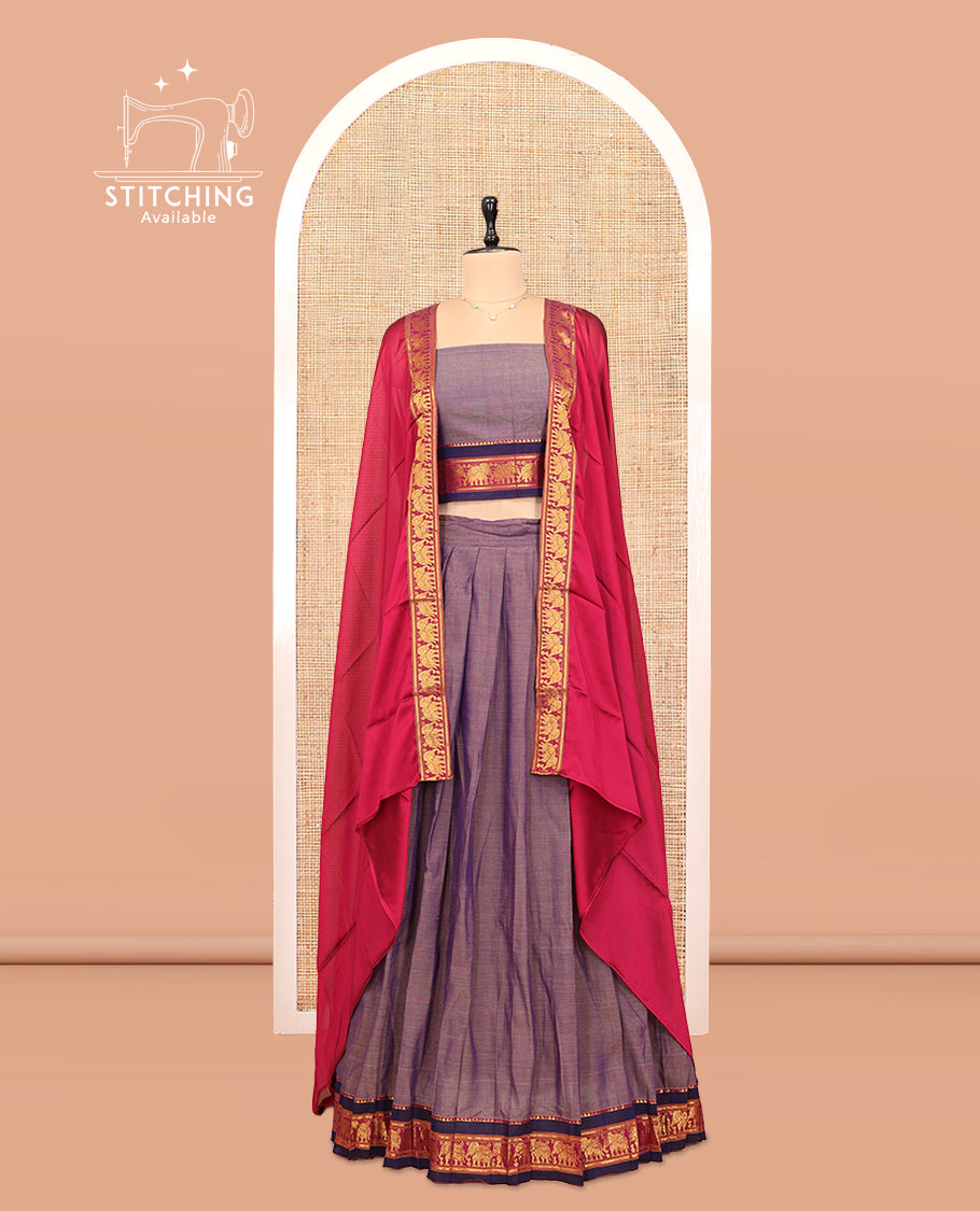 Grey Cotton Half-Saree Features Plain Skirt, a Contrast Elephant Zari Border, a Matching Blouse, and a Contrast Dhavani