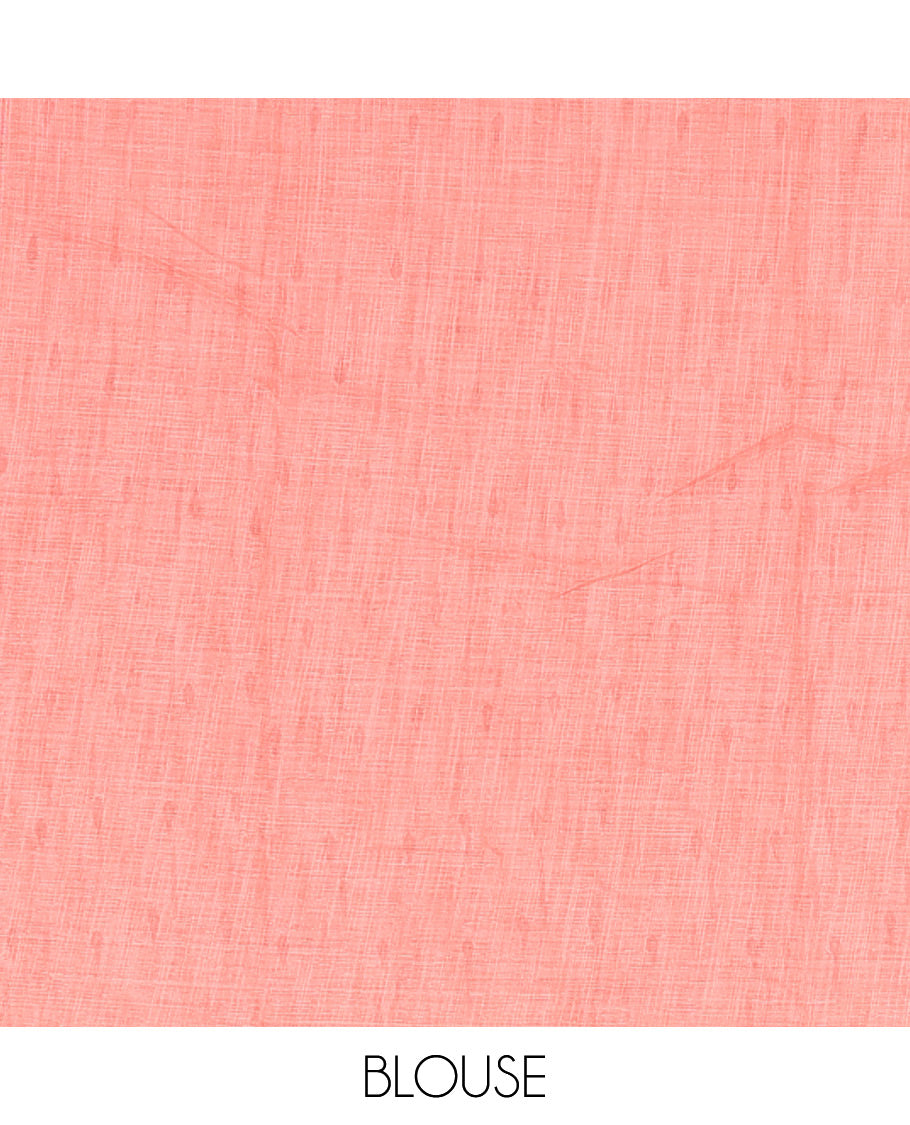 Borderless Sea blue umbrella motifs printed linen cotton saree, self-pallu of big umbrella motifs and contrast blouse