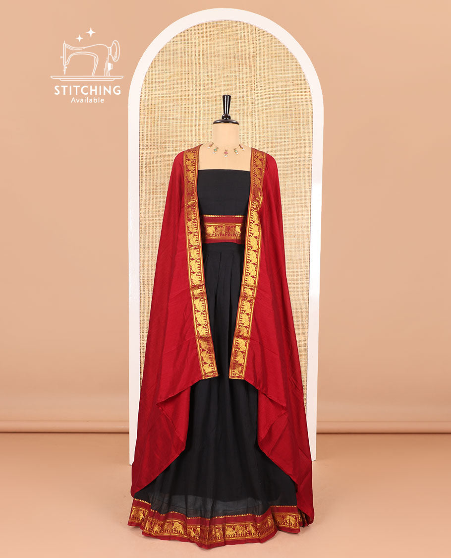 Black half-saree, plain with contrast traditional zari elephant border skirt, matching blouse, and a contrast zari border dupatta