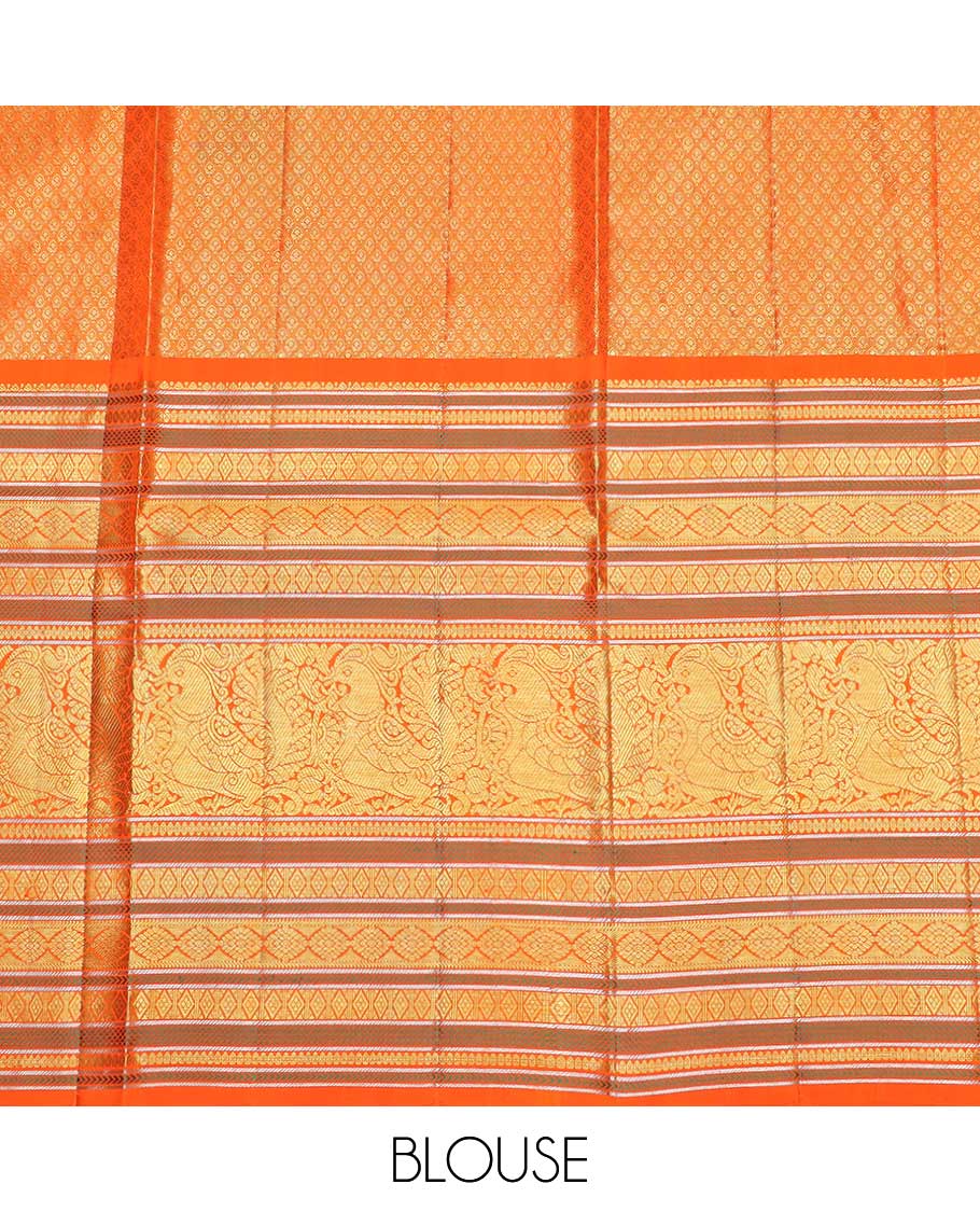 Light yellow striped silk half saree with contrast border of banaras, kathir, poo chakram, mayil design, zari design blouse & intricate zari design dhavani