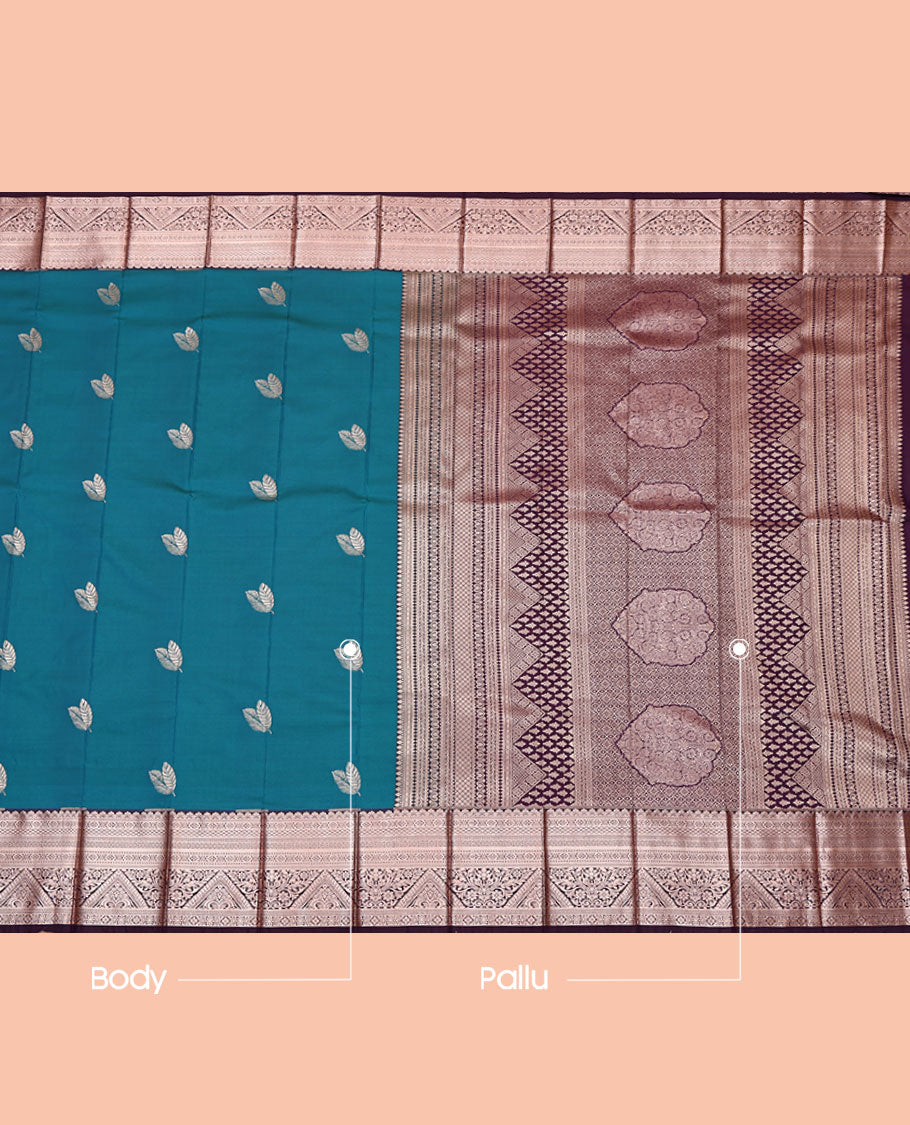 Blue Budget Silk Saree, Embellished with Leaf Buttas, Complemented by a Contrast Traditional Zari Border, Grand Pallu, and a Contrast Blouse