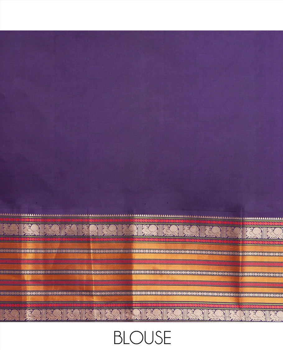 Pink Kanchipuram Silk Saree, Artfully Designed with Mayil Buttas on Its Body, Complemented by a Contrast Border of Rekku, Rudraksham, Mayil, and Kathir Designs, Pallu Steeped with Geometric Designs, and Paired with a Contrast Blouse