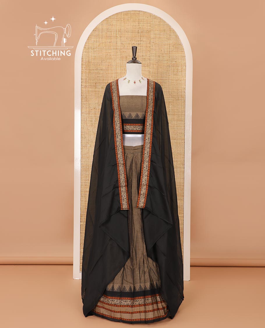 Grey mercedised cotton half-saree, contrast traditional resham thread border skirt, matching blouse & contrast black thread border georgette dhavani