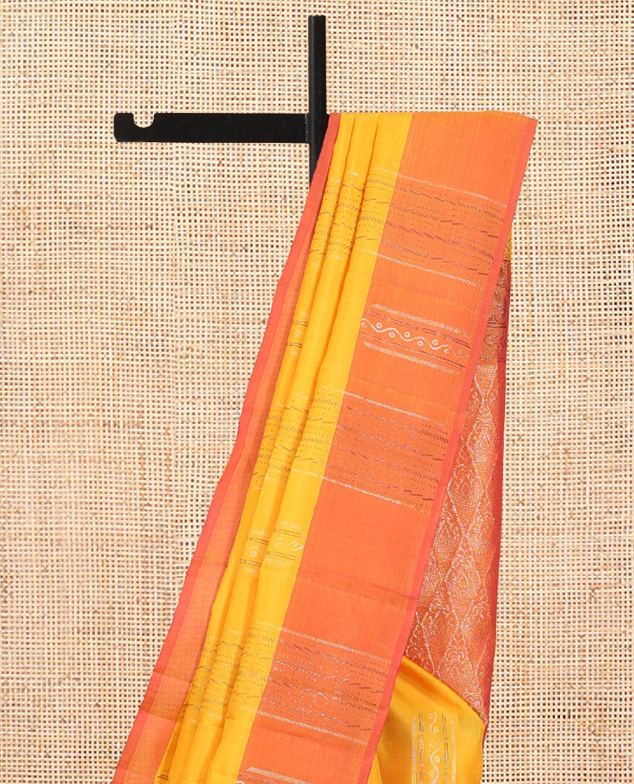 Yellow Mayuri Lite Silk Mix Saree, Sparsely Woven with Zari Buttas, Contrast Zari Buttas Border, Jaal Pallu, and a Contrast Blouse