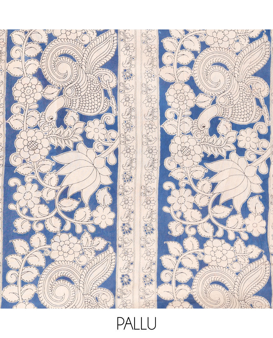 Blue-Grey Kalamkari Cotton Saree, Embellished with Intricate Print, Complemented By Printed Border, Kalamkari Peacock Pallu, and a Matching Blouse