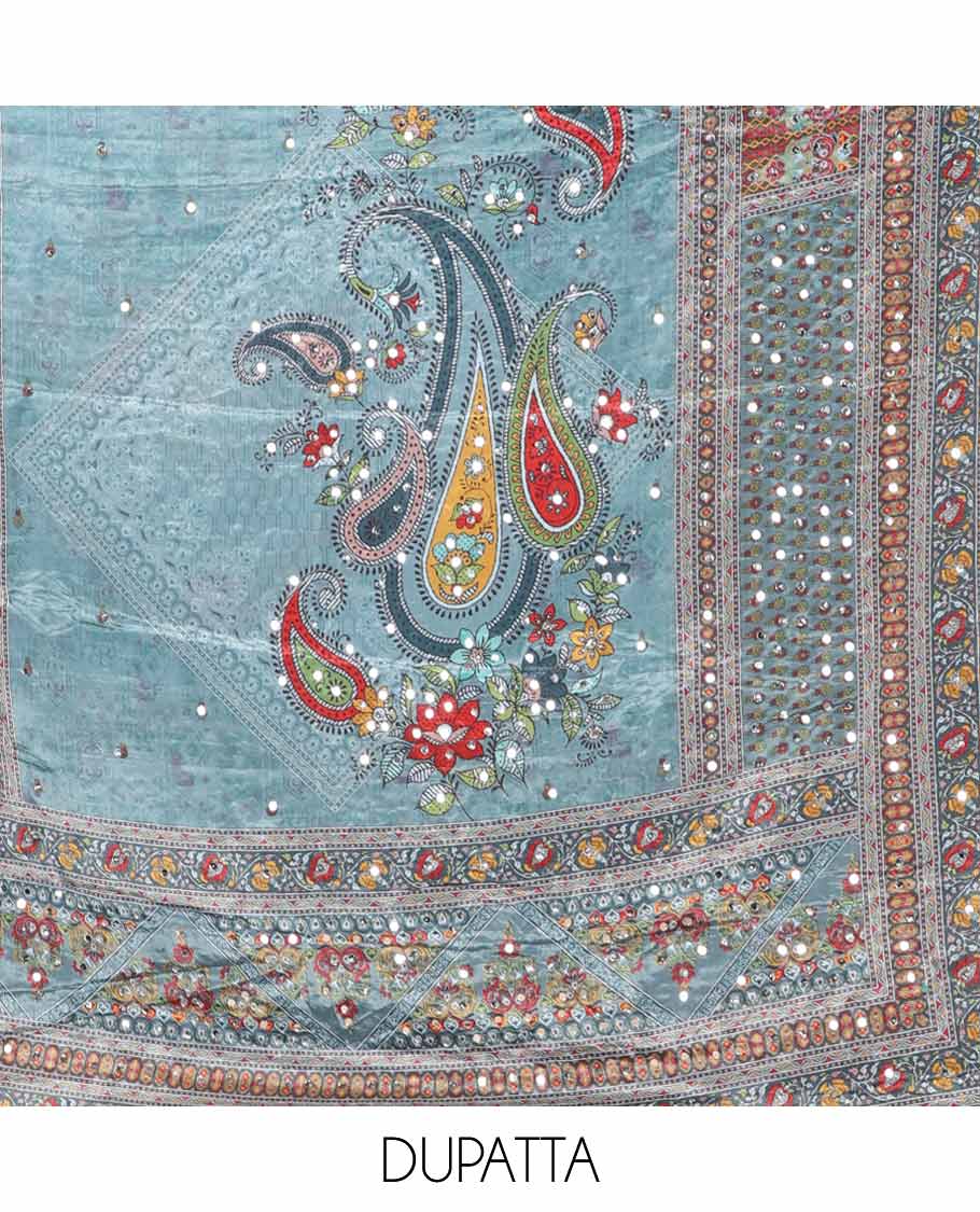 Sea blue jacquard ajrak, stone, mirror work crepe chudidhar material top with american crepe pant & chinnon material ajrak digital print , mirror work dupatta