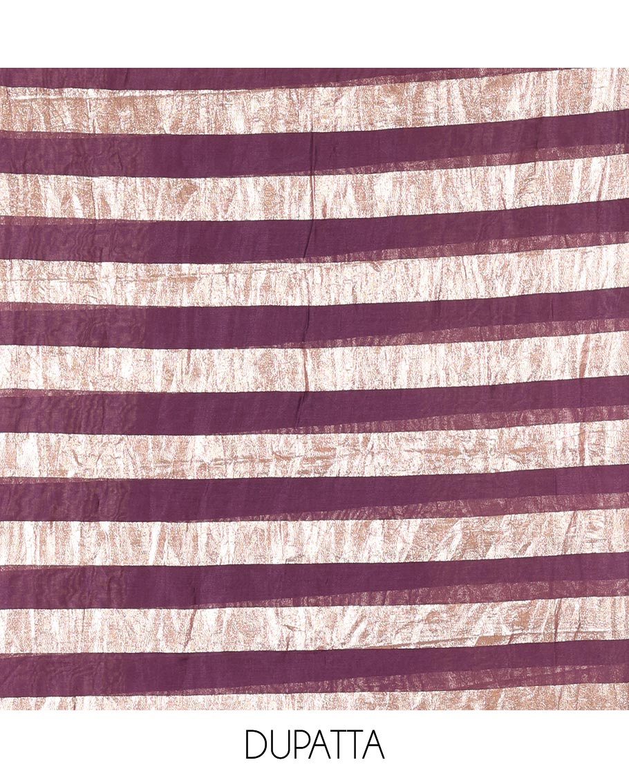 Lavender material chudidar set, plain with pom-pom tasseled mul chanderi top, a matching bottom, and organza dupatta of stripes