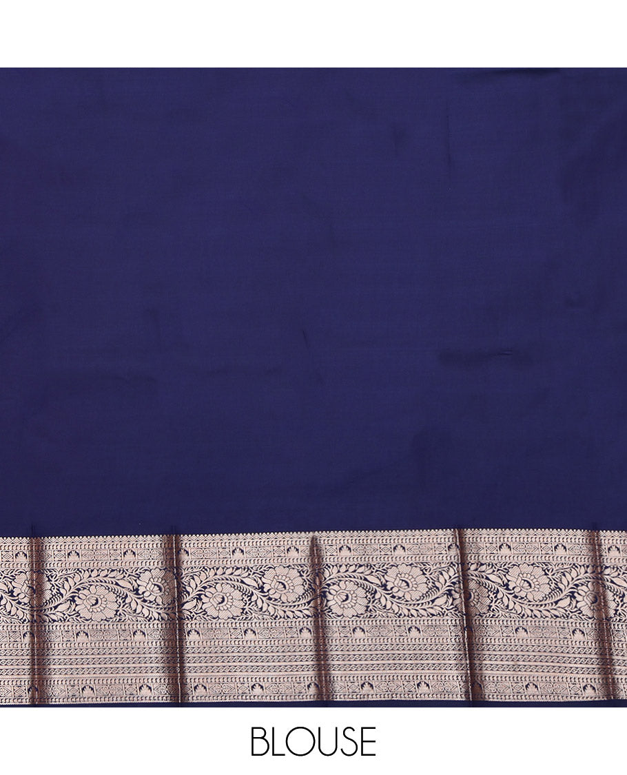 Orange Budget Silk Saree, Gleamed Up with Zari Buttas All Over Its Body, Complemented by a Contrast Traditional Zari Design Border, Grandly Decked Up Pallu, and Paired with a Contrast Blouse