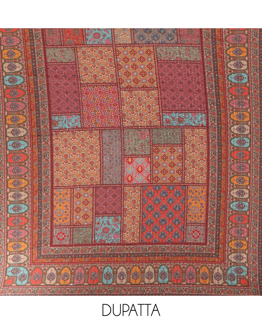 Multi-color churidar material set, ajrakh-printed & sequins work crepe top, kalidoscopic-colored dupatta of ajrakh print & sequins work & plain crepe bottom