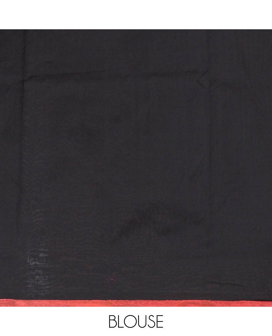 Borderless black rangoli-style chakram motifs printed South cotton saree with a matching blouse, and a contrast floral printed blouse