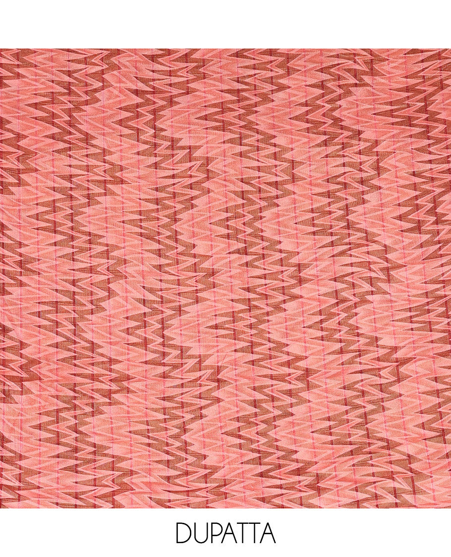 Maroon Vertican silk material chudidar set, ikkat chevron striped with mirror neck embroidered top, santoon bottom, and contrast chevron striped dupatta