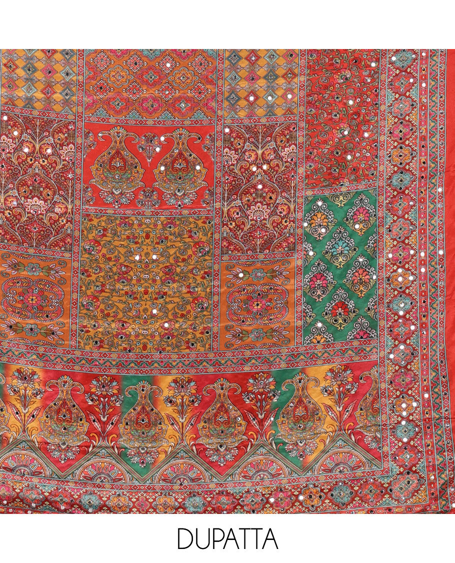 Red crepe masakali material chudidar set, geometric print with mirror embroidery top,plain bottom & multi-color geometric print & mirrorwork dupatta