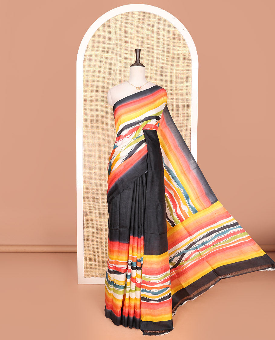 Black-base multi-color striped printed saree, self-pallu of colorful stripes