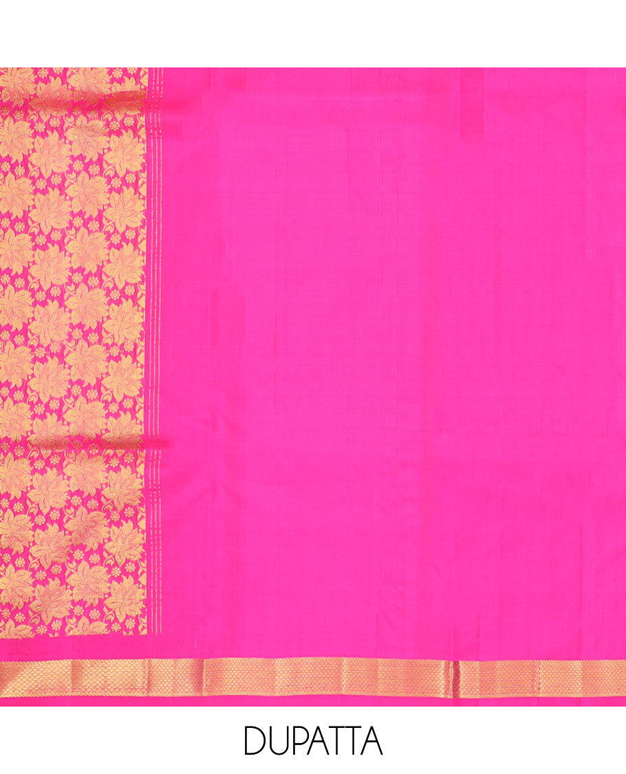 white floral buttas pure silk half saree with contrast intricate zari design border, zari design blouse & floral zari design dhavani
