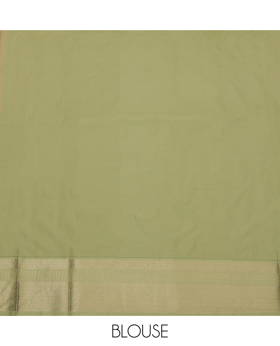 Peach Budget Silk Saree, Ornamented with Zari Buttas and Stripes, Complemented by a Contrast Traditional Zari Border, Grand Jaal Pallu, and Contrast Blouse