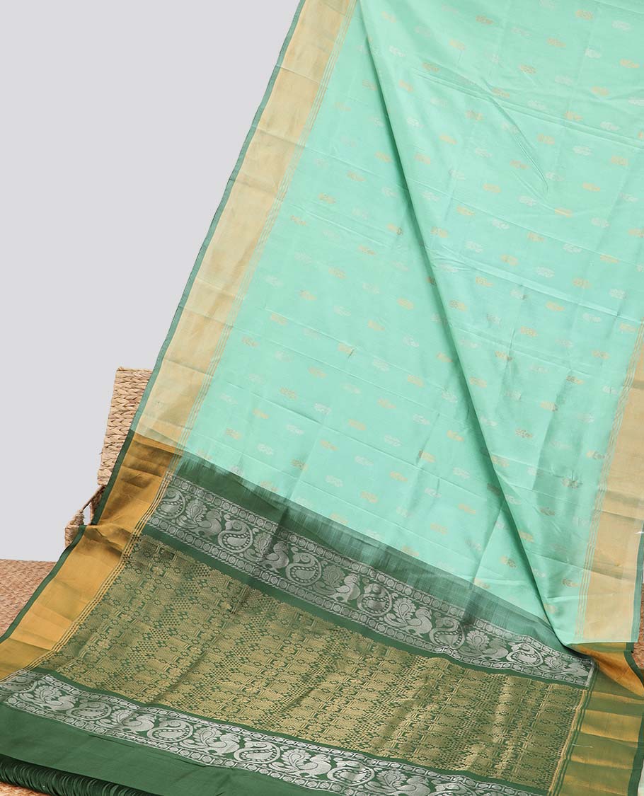 Green motifs uppada silk saree with contrast zari border & intricate floral zari design pallu