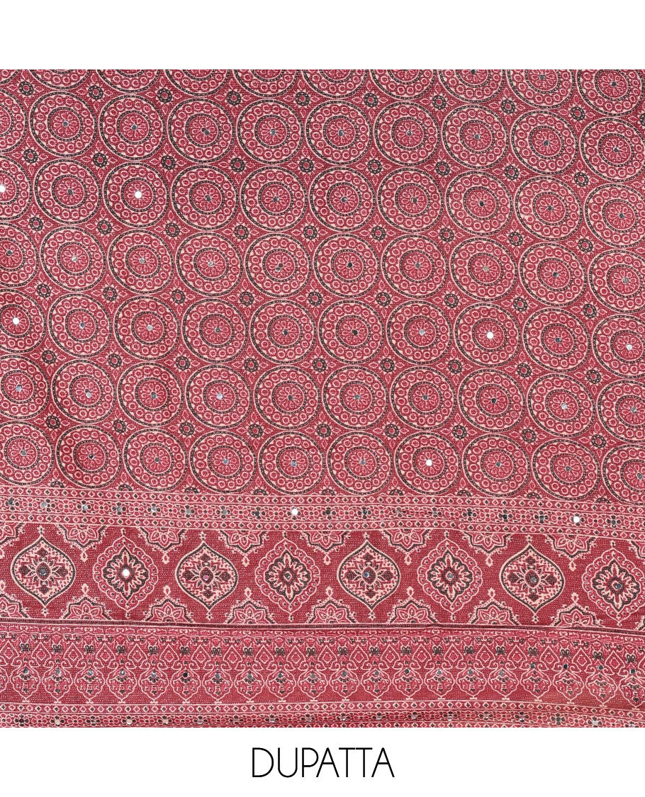 Magenta material chudidar set, plain Vichitra silk top, santoon bottom, and dupatta of Ajrakh print and mirror work