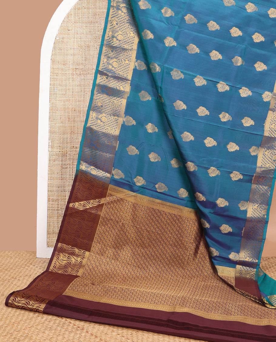 Blue floral motifs vasundhara elite silk saree with contrast floral design border & geometric design pallu