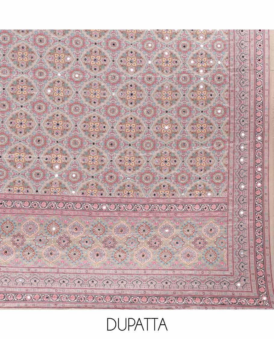 Grey jacquard, ajrakh print, mirror work crepe chudidhar material top with american crepe pant & chinnon ajrakh print, mirror work dupatta