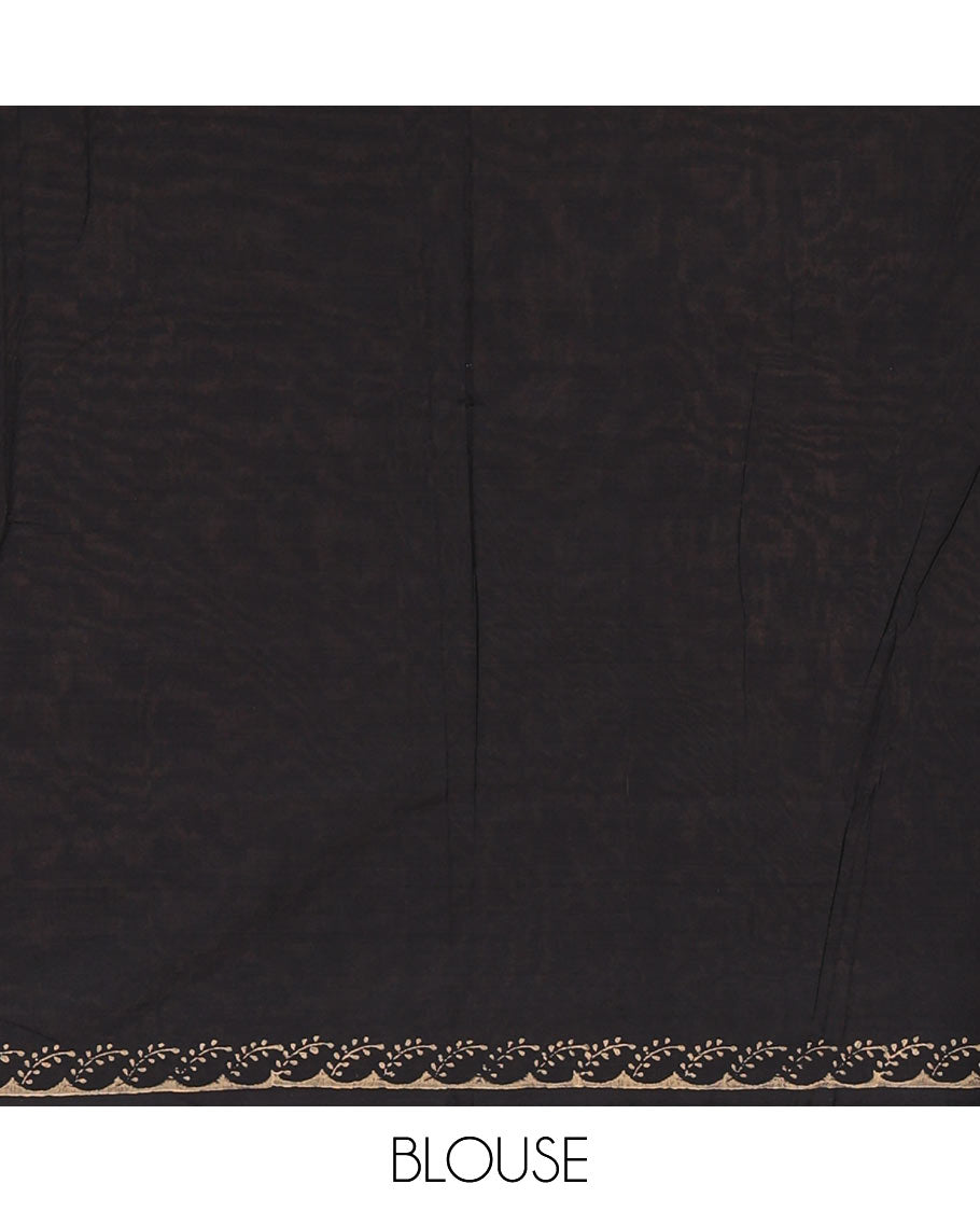 Borderless black pretty peacock motifs hand block style printed south cotton saree with contrast printed blouse