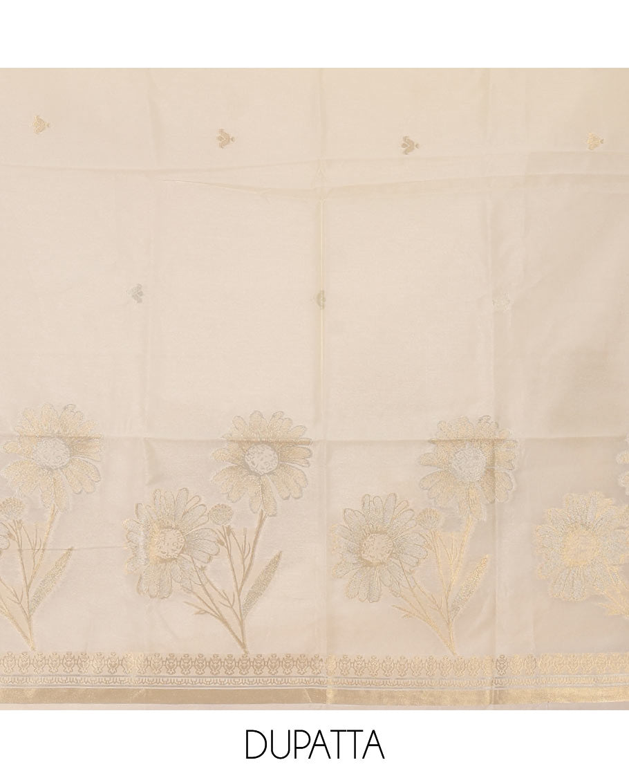 Kerala cream chudidar material,zari buttas & sunflower motif taffeta silk top, plain cream santoon bottom & sunflower zari motif dupatta
