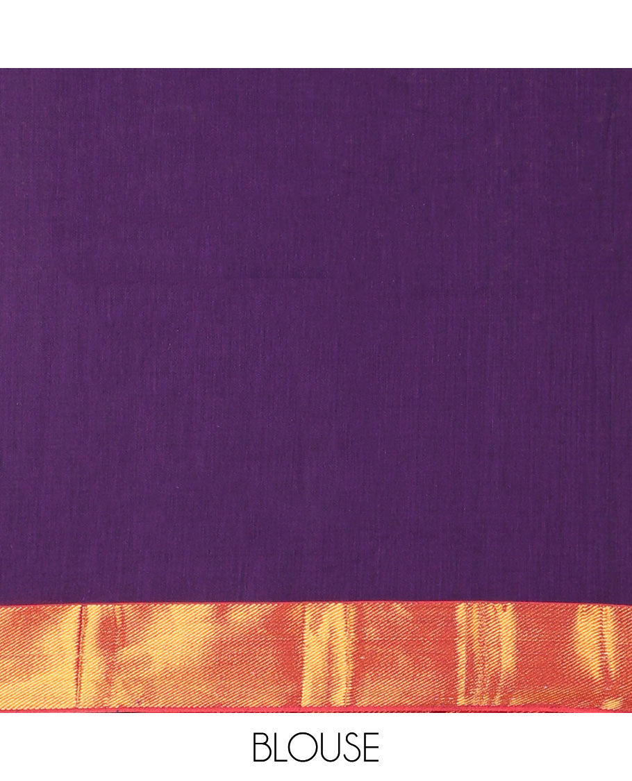Violet mercerised cotton daman zari border half saree with cotton blouse & skya georgette one side zari border dhavani