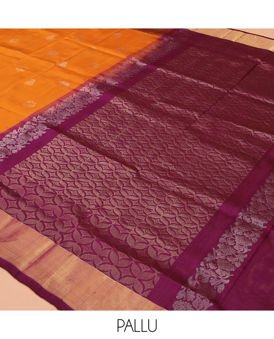 Orange Uppada Silk Saree, Sparsely Woven with Buttas All Over Its Body, Complemented by a Contrast Temple Border, Pallu Pictures Leaf Designs, and Paired with a Contrast Blouse