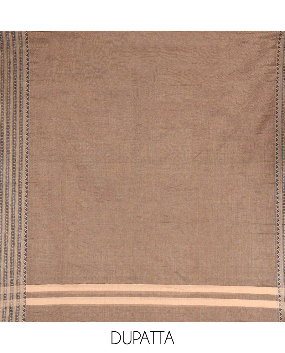 Chikku Mercerised Cotton Material Churidar Set, Subtly Made Plain with Traditional Bordered Top, a Mercerised Cotton Bottom, and Paired with a Mercerised Cotton Traditional Bordered Dupatta