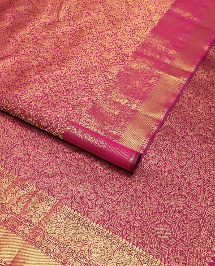 Dark pink floral vine design silk saree with self border of manga,muthu, kodi visiry banaras design & zari design pallu