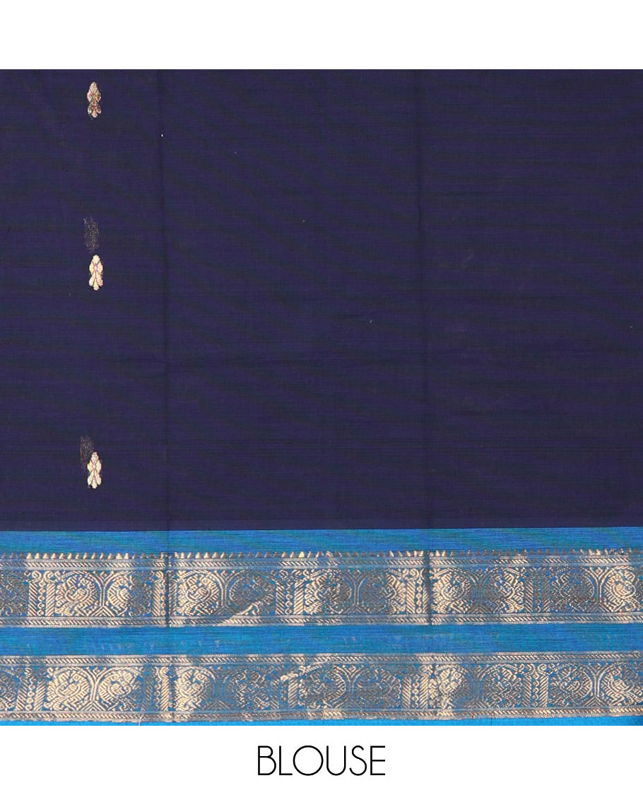 Navy Blue and Ananda Blue Chettinad Cotton Half-Saree Featuring Buttas Woven Skirt, Highlighted with a Contrast Rettai Pettu Peacock Motifs Woven Zari Border, a Subtly Woven Matching Blouse, and a Vichitra Silk Contrast Traditional Zari-Bordered Dhavani