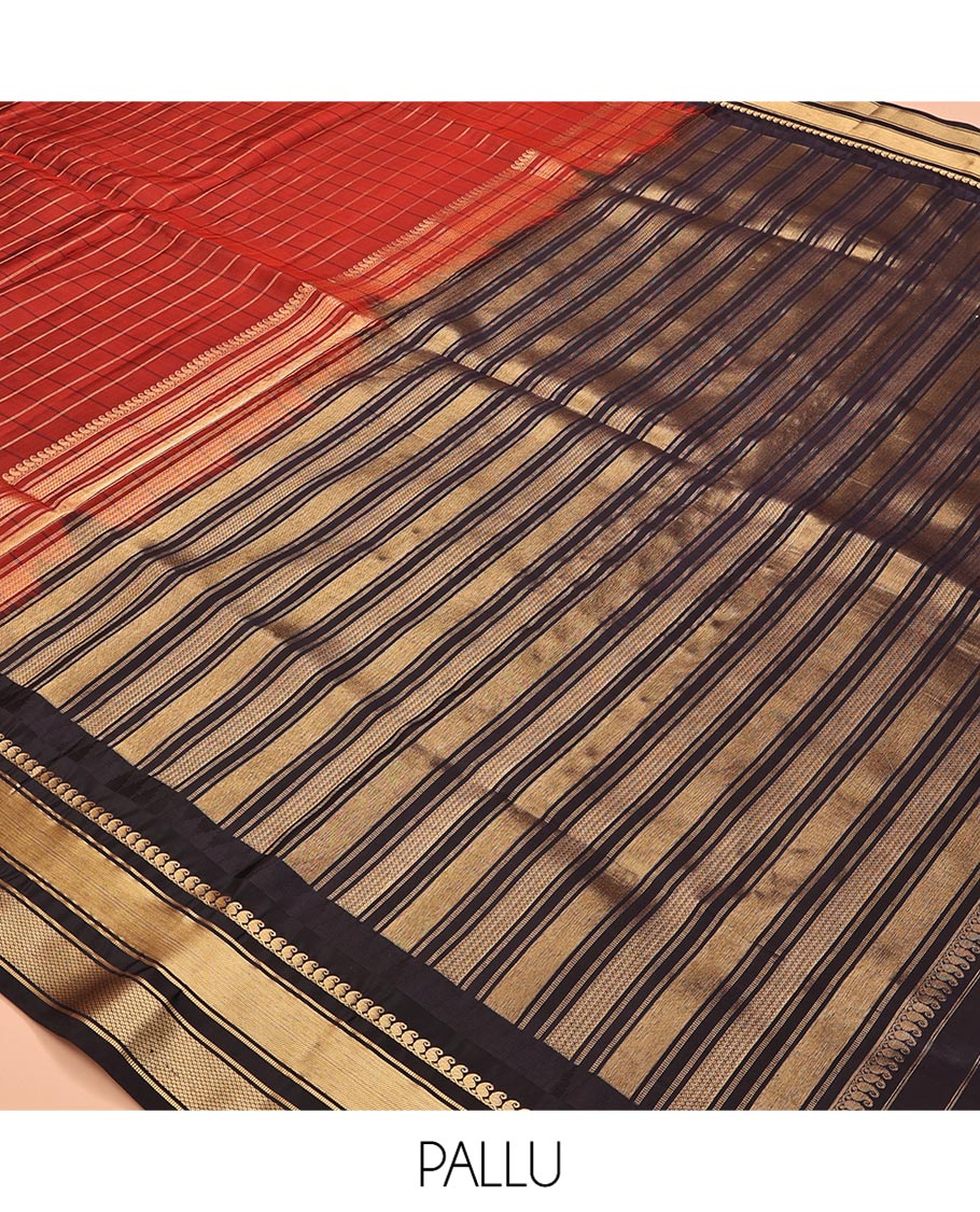 Rust Maroon and Dark Purple Vasundhara Lite Silk Mix Saree, Accentuated with Checked Design All Over Its Body, Complemented by a Contrast Thazampoo Rekku Border of Manga Mokku, Muthu, and Mayil Kann Designs, Grand Pallu, and Paired with a Contrast Blouse
