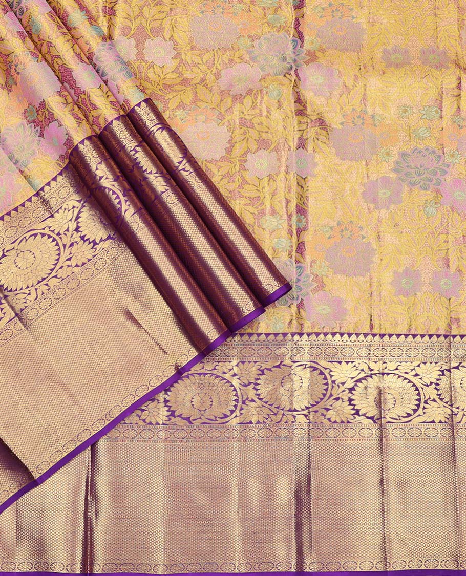 Violet floral jacquard pure silk half saree with contrast traditional design border , zari design blouse & checked, floral design dhavani