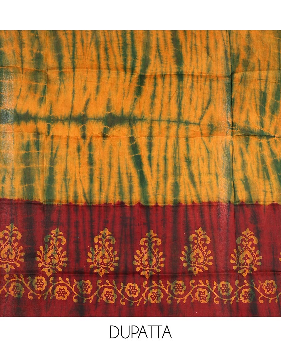 Maroon cotton material chudidar set, shibori with batik style floral printed top, contrast plain bottom, and dupatta of shibori and batik print