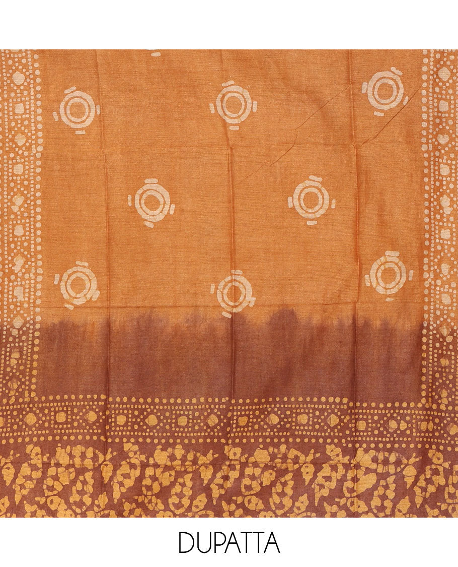 Mustard chudidhar material, leaf batik-print bhagalpuri cotton top,contrast batik-print bottom & dual-color printed mul-mul dupatta