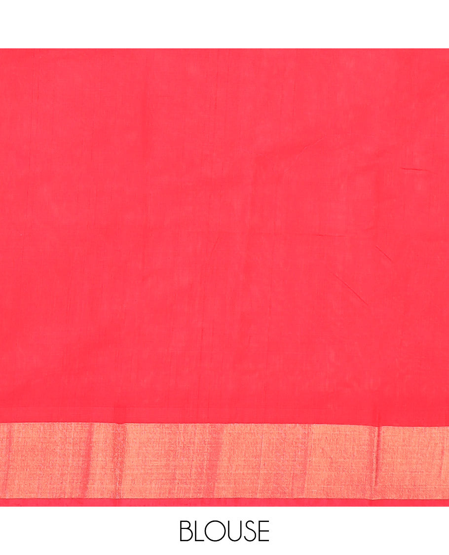 Off-White Ikkat Cotton Saree, Delicately Woven with Ikkat-Style Geometric Patterns All Over Its Body, Complemented by a Contrast Border, Pallu of Floral Designs in Ikkat Weave, and Paired with a Contrast Blouse