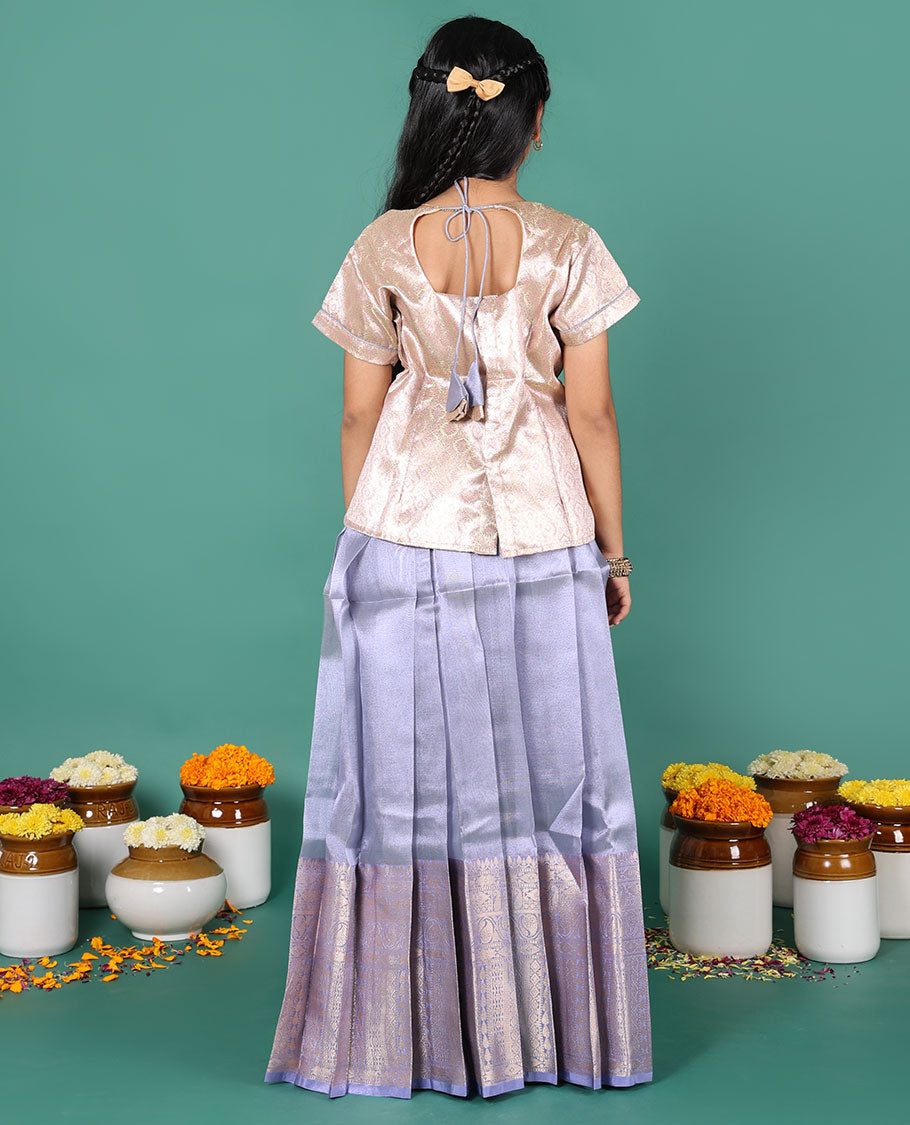 Violet readymade art silk pavadai, traditional zari big border skirt, & contrast jacquard scallop neck & short sleeve blouse