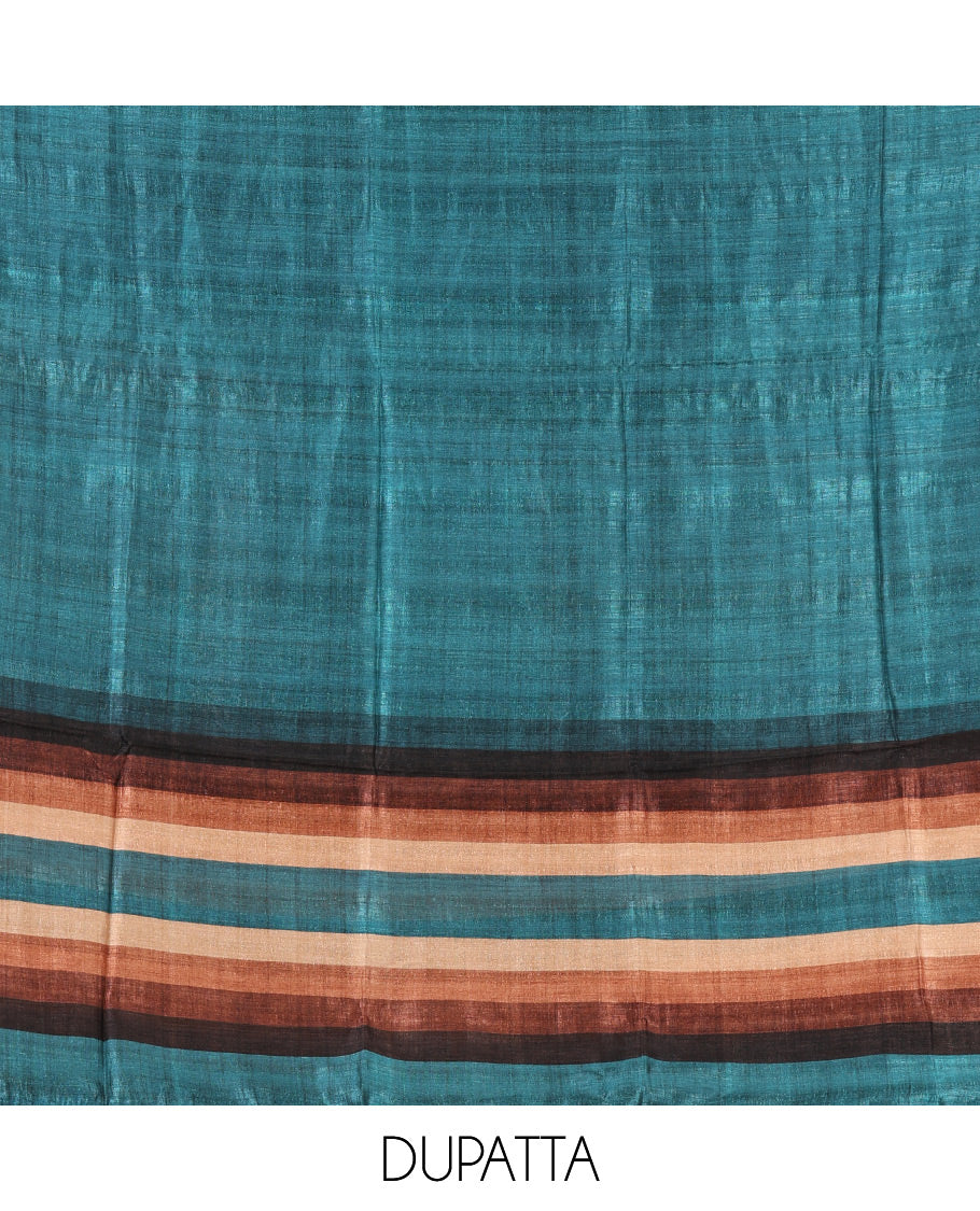 Teal material chudidar set, horizontal ombre striped semi-tussar top, plain santoon bottom & horizontal ombre striped dupatta with tassels